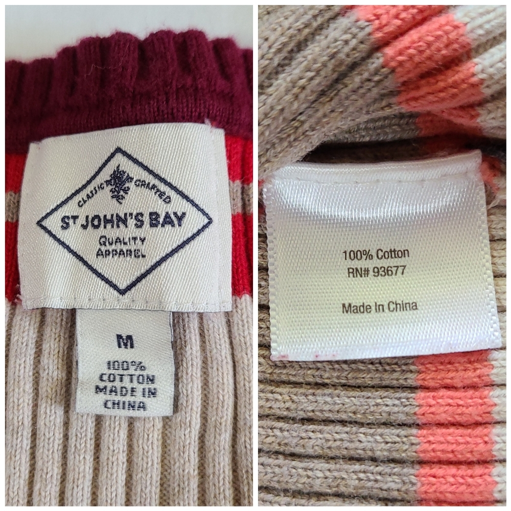 ❤️VGUC St. John's Bay V-Neck Red/Grey/Cream Ribbed Long Sleeve Knit Sweater, M - Picture 14 of 15